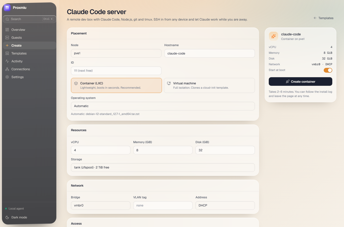 Creating a Claude Code server from a template