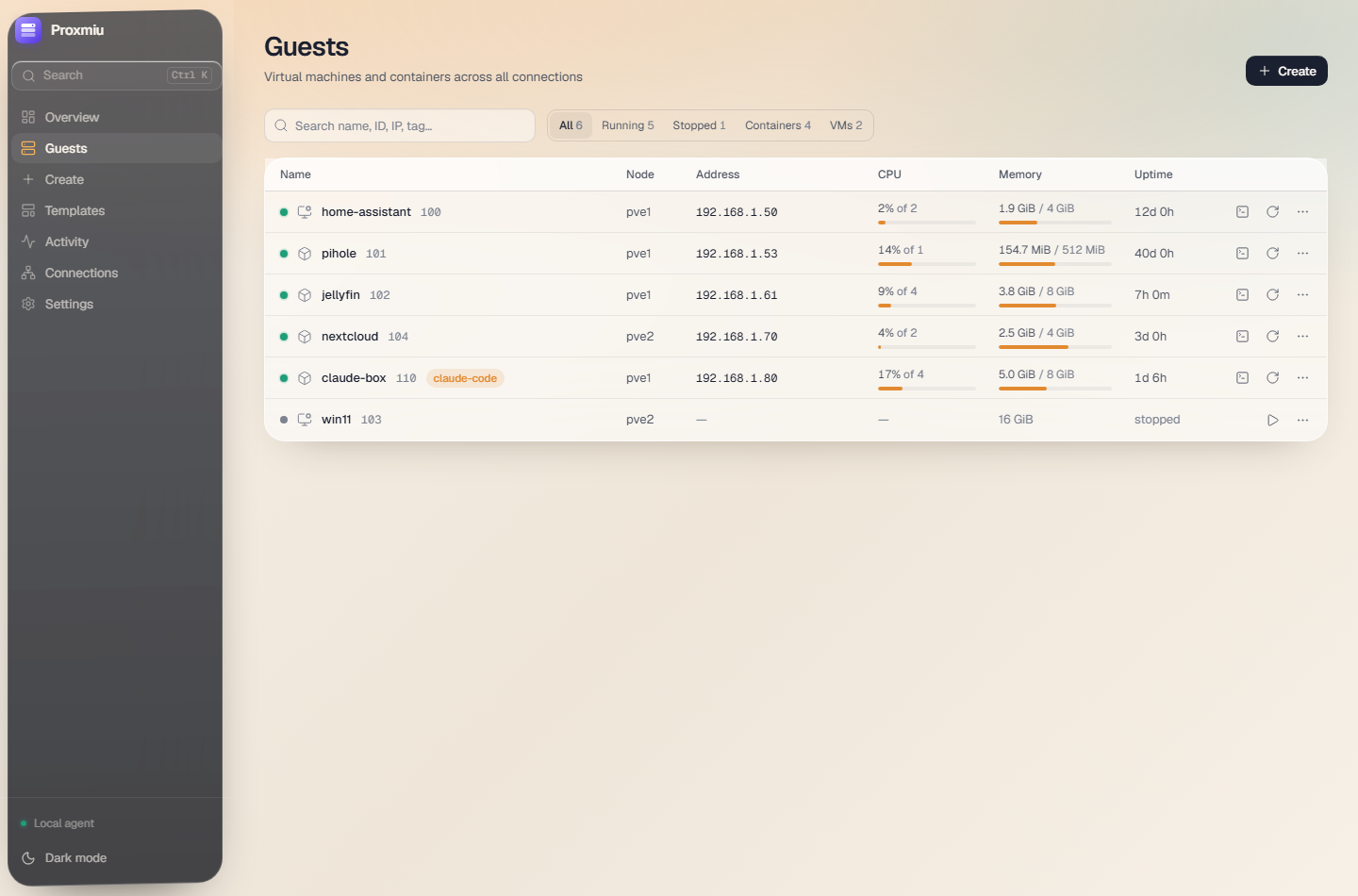 Guest list with live status, addresses and actions