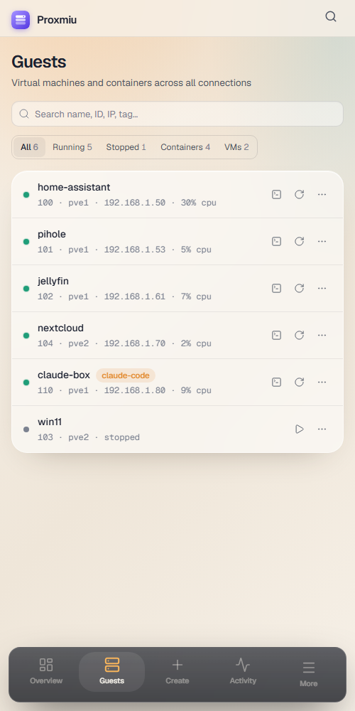 Proxmiu on an iPhone: guests