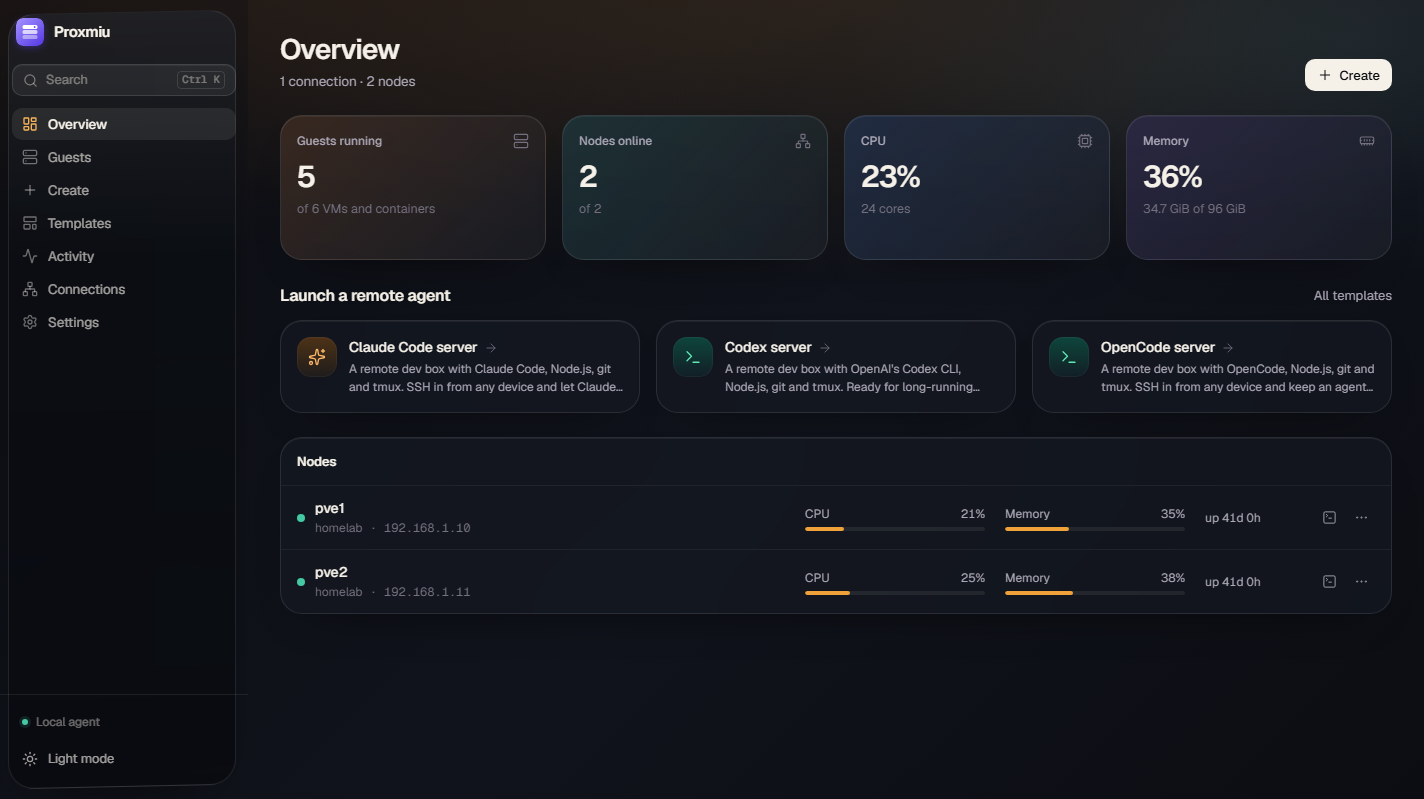Proxmiu overview in dark mode