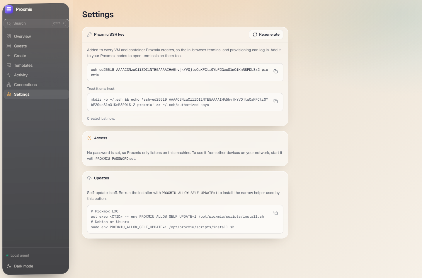 Proxmiu settings with the SSH key and self-update